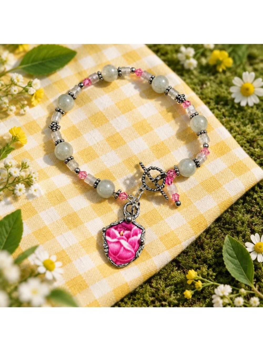 Vintage Pink Rose Quartz Bracelet Broken China Charm Cabochon - Picture 6 of 11